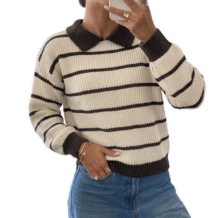 Women's Striped Knit Polo Sweater with Contrast Collar and Loose Oversize Fit Mune Fashion