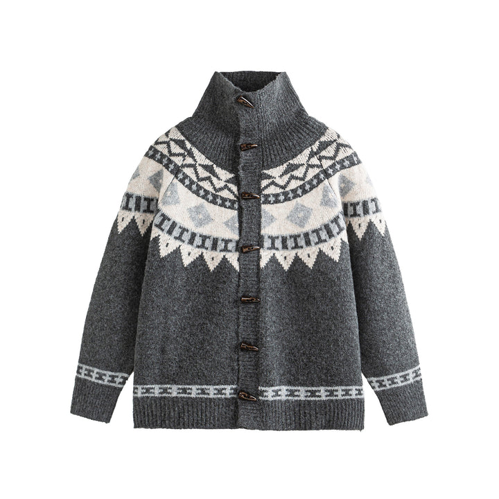 Women's Norwegian pattern knitted cardigan with high stand collar and toggle closures Mune Fashion