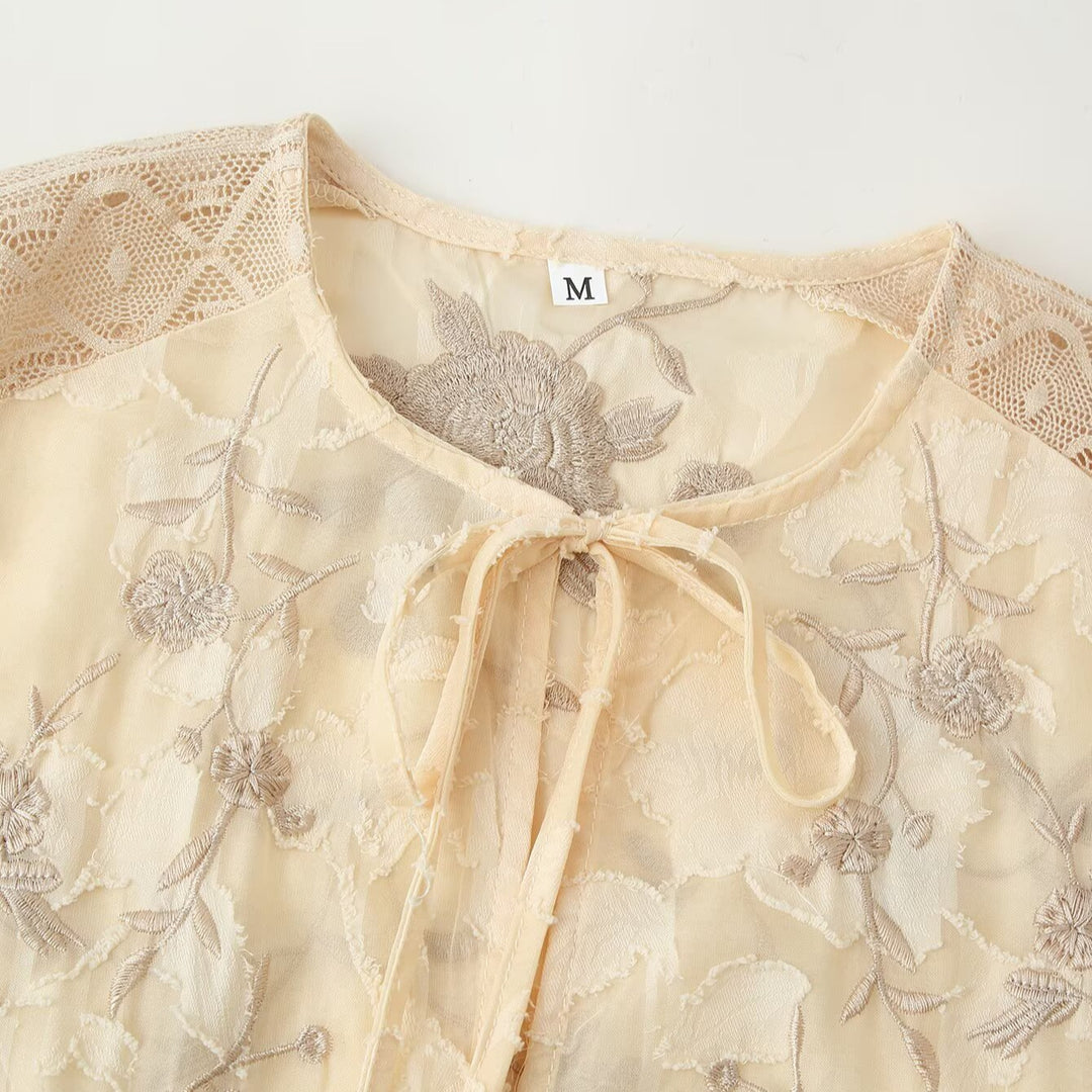 Women's Transparent Knitted Lace Blouse with Tie Bow, Crochet Edge and Fringe Hem Mune Fashion
