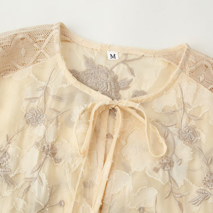 Women's Transparent Knitted Lace Blouse with Tie Bow, Crochet Edge and Fringe Hem Mune Fashion