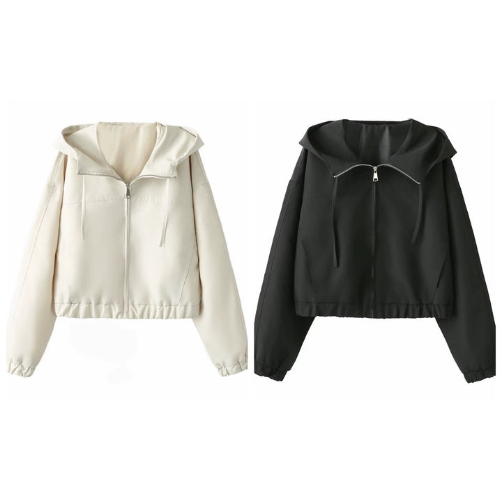 Women Short Cut Hooded Jacket with Wide Shawl Collar, Full Zip and Elastic Hem Mune Fashion