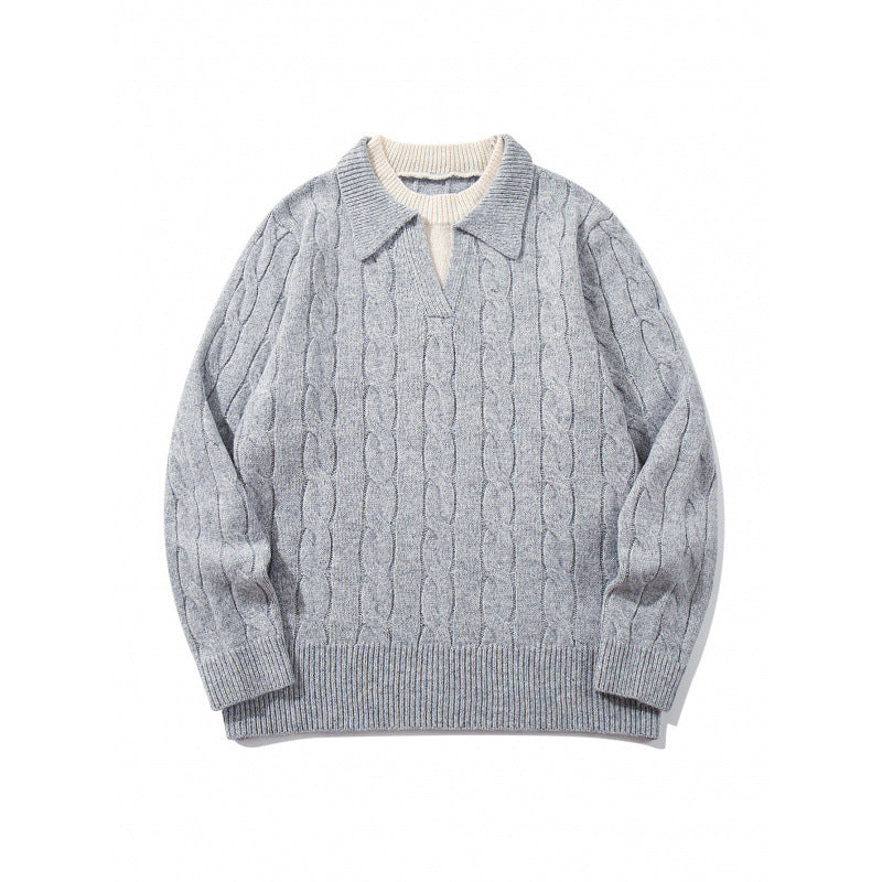 Men's chunky knit cable pattern sweater with polo collar and V-neck Mune Fashion