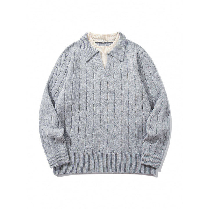 Men's chunky knit cable pattern sweater with polo collar and V-neck Mune Fashion