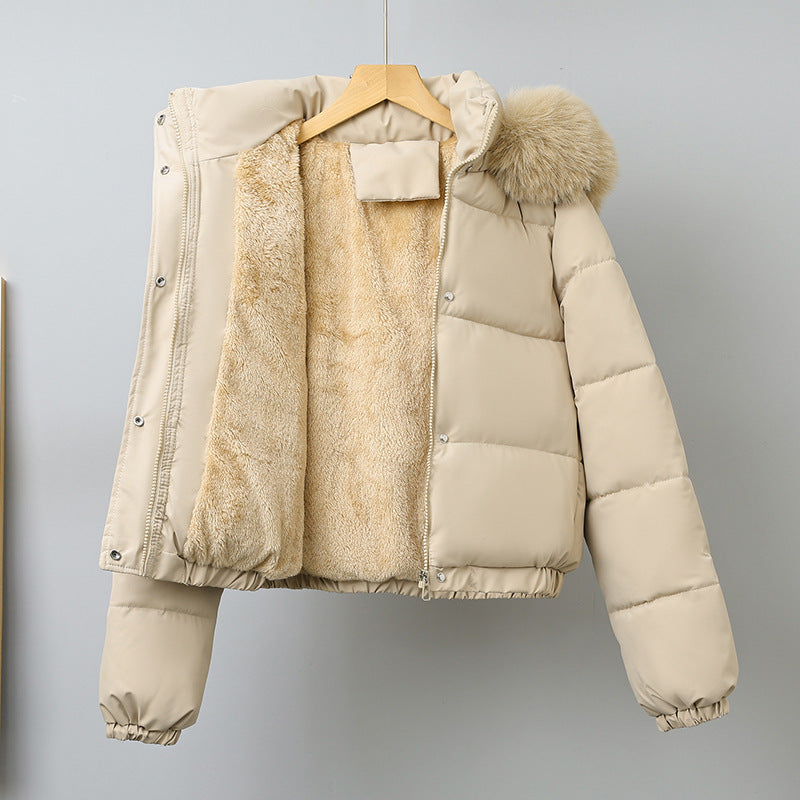 Women's short cut thermo bomber jacket with voluminous hood trim and elastic hem Mune Fashion