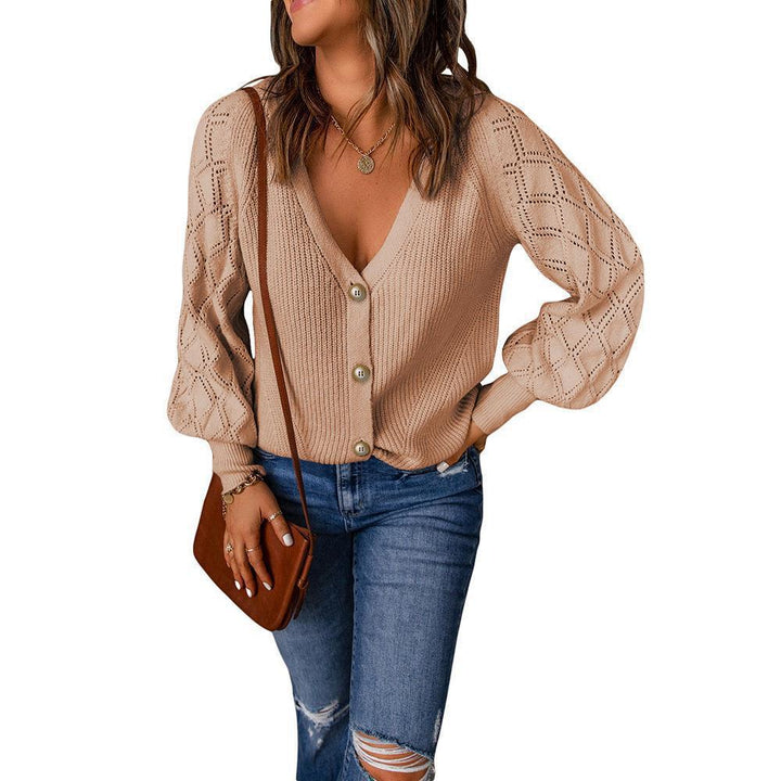 Women's knitted cardigan with V-neck, decorative button placket and balloon sleeves Mune Fashion