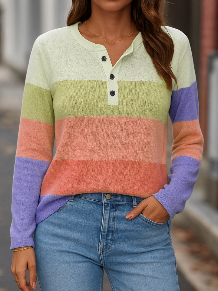 Women's Striped Fine Knit Sweater with Henley Button Placket Mune Fashion