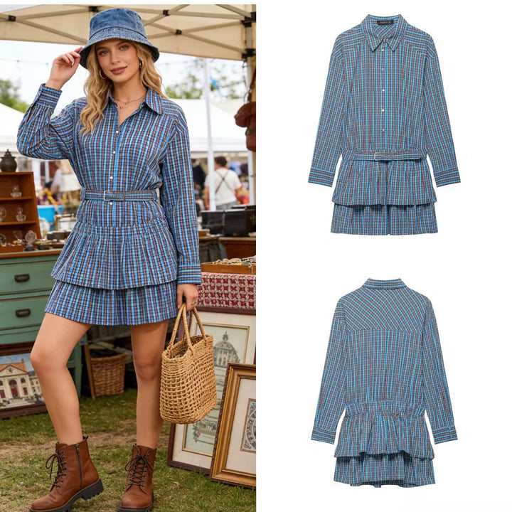 Women's Tailored Shirt Dress in Checkered Pattern with Tying Belt and Tiered Skirt Mune Fashion