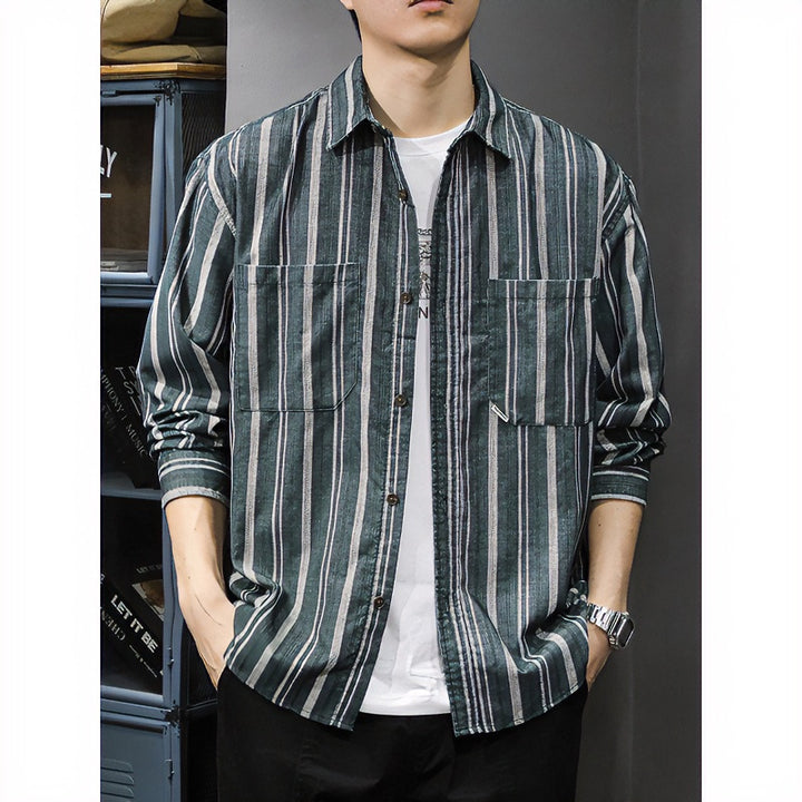 Men's Oversized Wide Corduroy Shirt Jacket with Vertical Stripe Texture and Patch Chest Pockets Mune Fashion