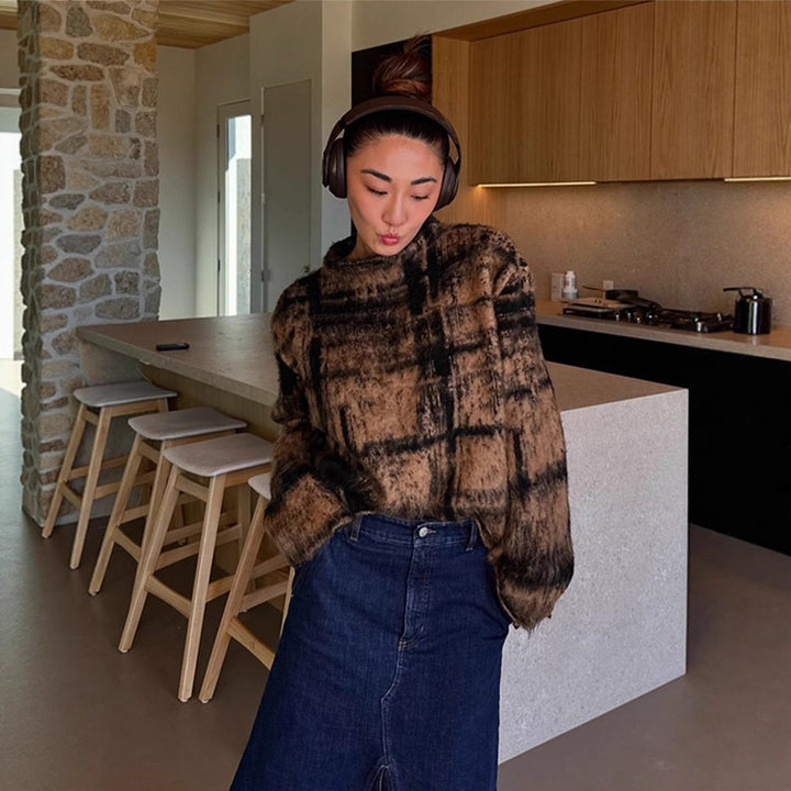 Women's Fluffy Pullover in Vintage Check with High Collar and Frayed Hem Mune Fashion