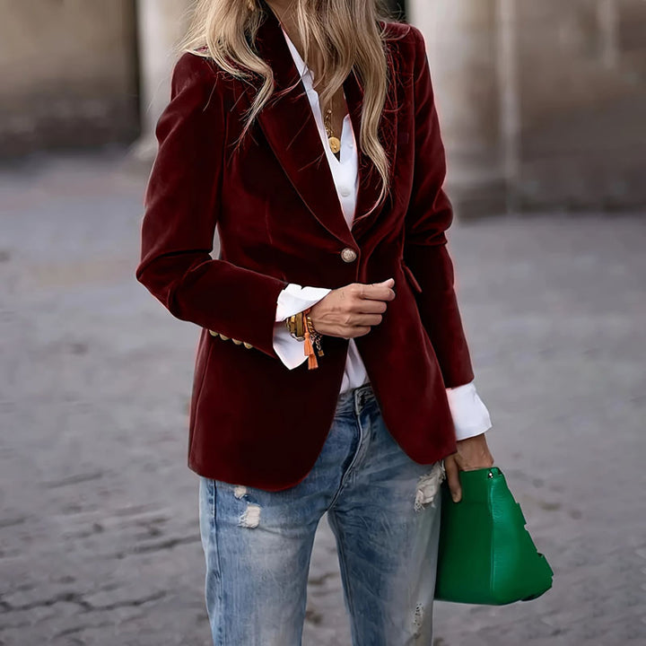 Women's Tailored Velvet Blazer with Notched Lapels and Decorative Buttons Drune