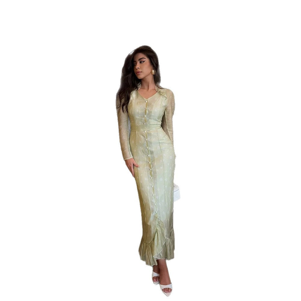 Women Elegant Maxi Dress with Continuous Button Placket, Tailored Silhouette and Ruffle Hem Mune Fashion