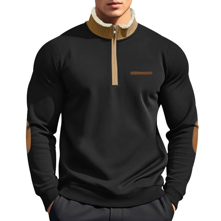 Men's half-zip troyer with teddy fleece collar and leather elbow patches Mune Fashion
