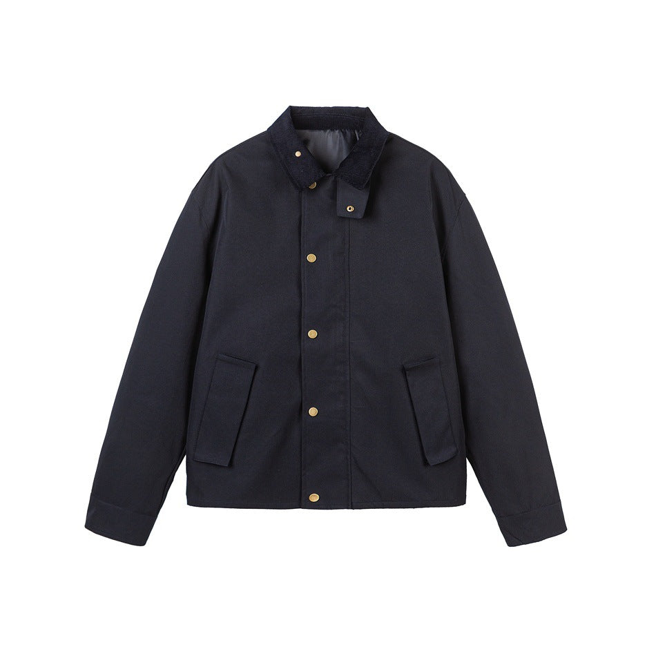 Men's Short-Cut Canvas Field Jacket with Cord Collar and Concealed Snap Placket Mune Fashion