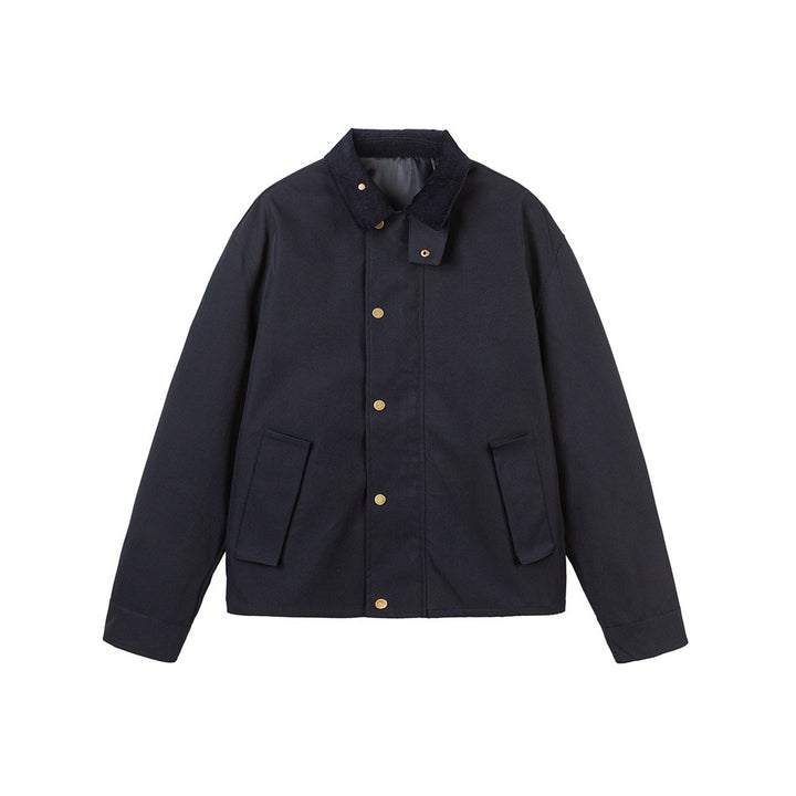 Men's Short-Cut Canvas Field Jacket with Cord Collar and Concealed Snap Placket Mune Fashion