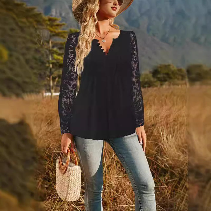 Women Loose Tunic Top with Lace Sleeves, Decorative Pleats and Button Placket Mune Fashion