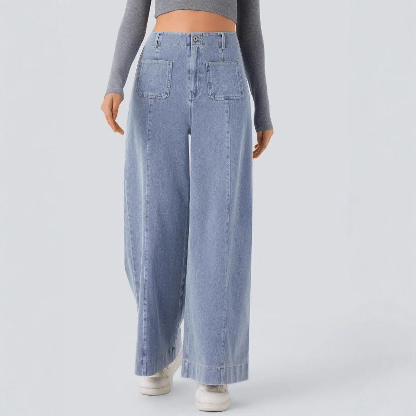 Women's high-waisted wide jeans pants with patch front pockets and vertical decorative seam Mune Fashion