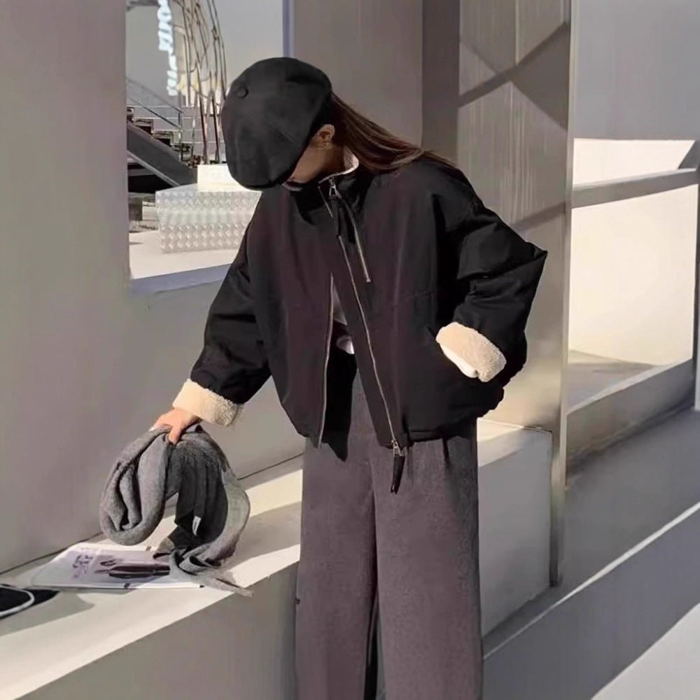 Women's Short Oversized Bomber Jacket with Teddy Lining at Cuffs and Stand Collar Mune Fashion