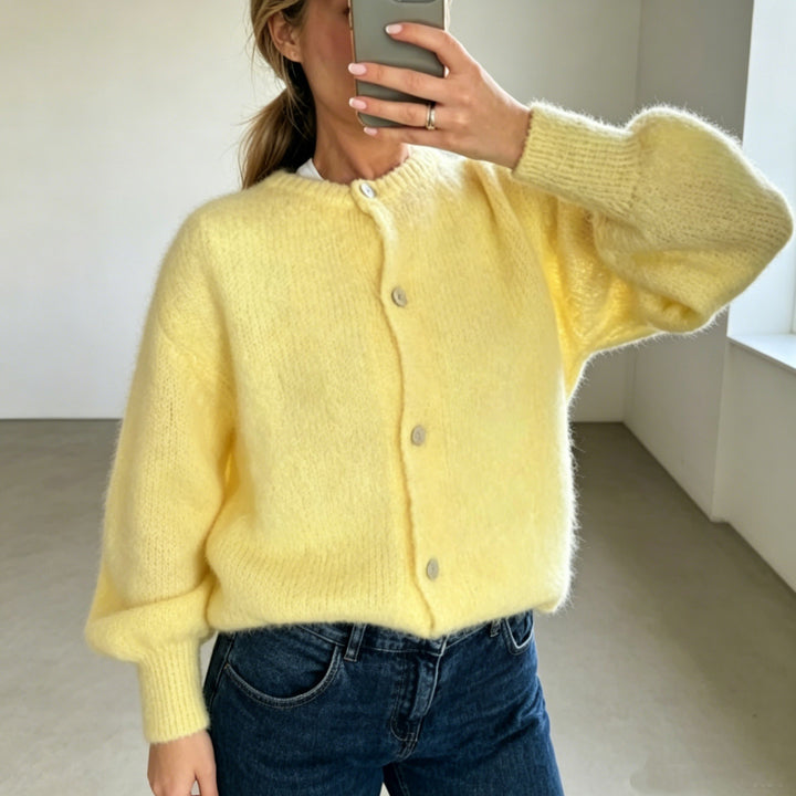 Women's Cozy Mohair-Look Cardigan with Round Neck and Balloon Sleeves Mune Fashion