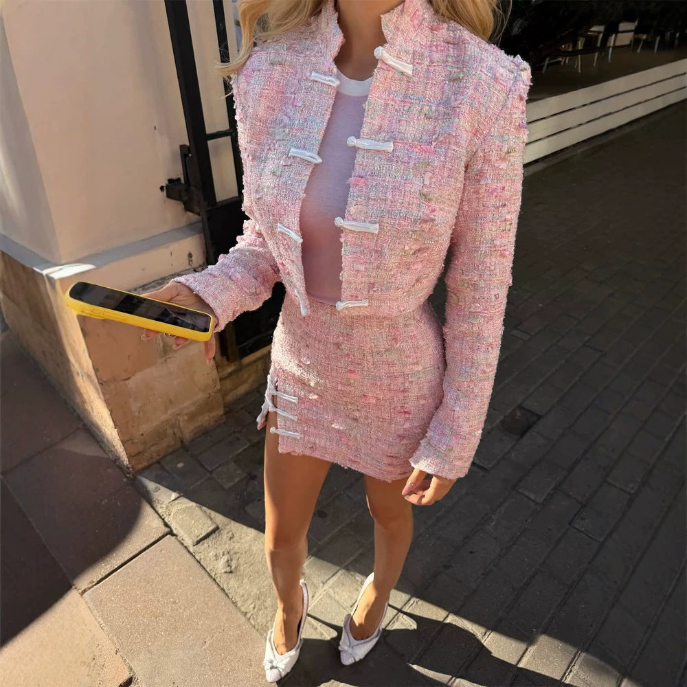 Women Tweed Two-Piece Short Jacket and Mini Skirt in Boucle Style Mune Fashion