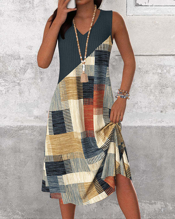 Ladies' sleeveless V-neck midi dress with diagonal patchwork pattern and ribbed top Mune Fashion