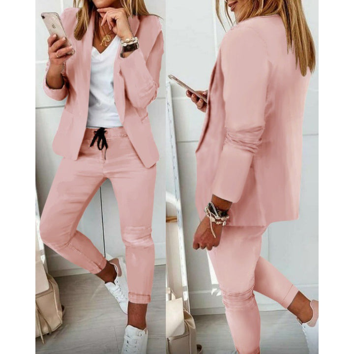 Women's Two-Piece Stretch Jersey Blazer Set with Drawstring Jogging Pants Mune Fashion