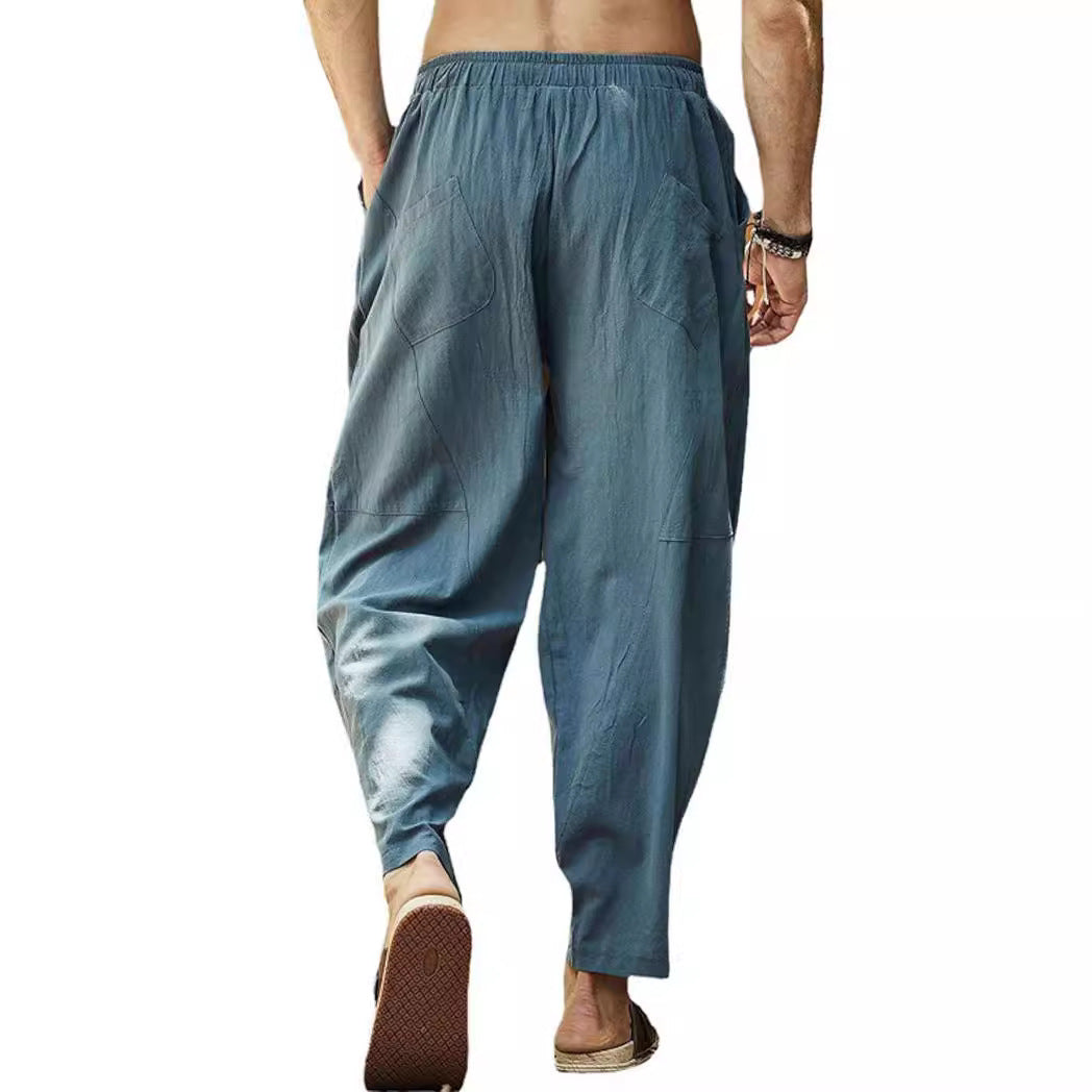 Men's casual linen harem pants with elastic waistband and side pockets Mune Fashion