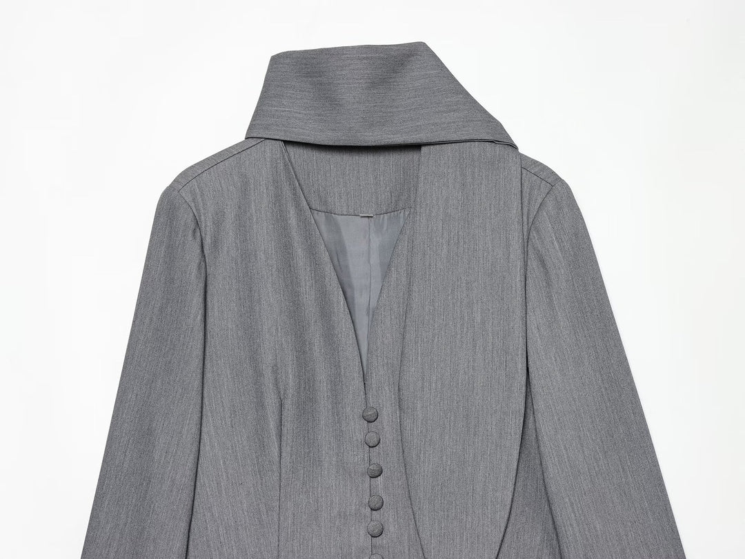 Women's Elegant Longline Blazer with High Funnel Collar and Overlapping Fabric Buttons Mune Fashion