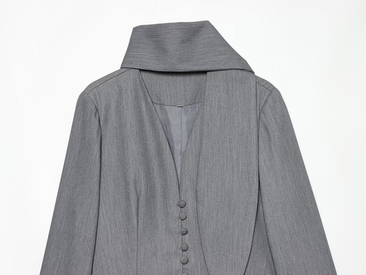 Women's Elegant Longline Blazer with High Funnel Collar and Overlapping Fabric Buttons Mune Fashion