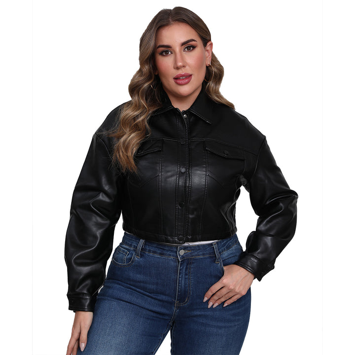 Women nan short oversized faux leather jacket in trucker style with flap pockets and concealed snap button placket Mune Fashion