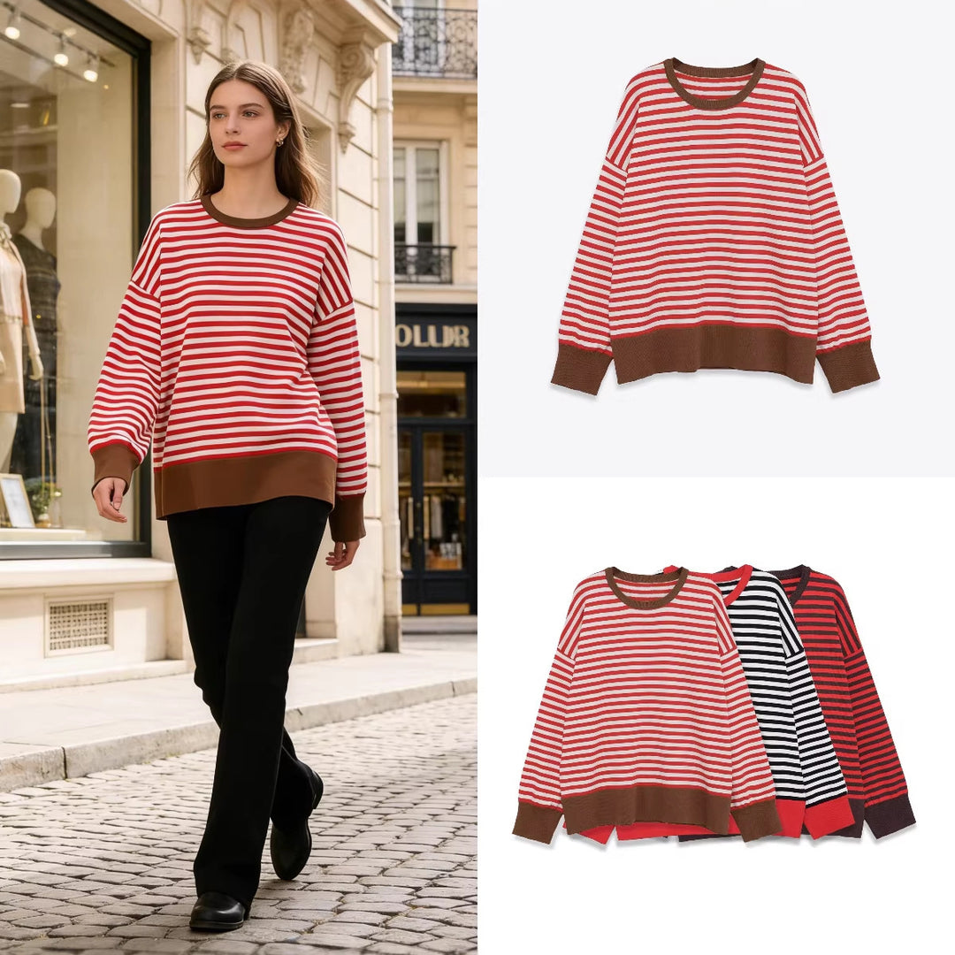 Women's Striped Oversized Sweater with Contrast Cuffs Mune Fashion