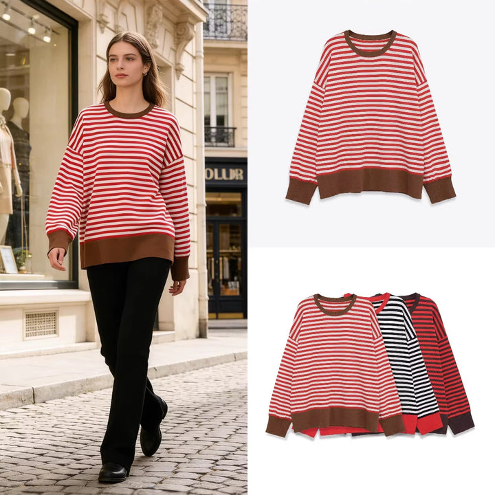 Women's Striped Oversized Sweater with Contrast Cuffs Mune Fashion