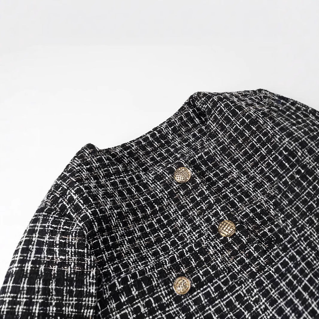 Women Boucle Tweed Jacket with Decorative Buttons and Boxy Cropped Silhouette Mune Fashion