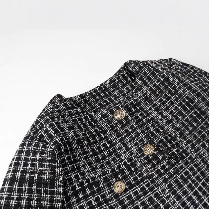 Women Boucle Tweed Jacket with Decorative Buttons and Boxy Cropped Silhouette Mune Fashion