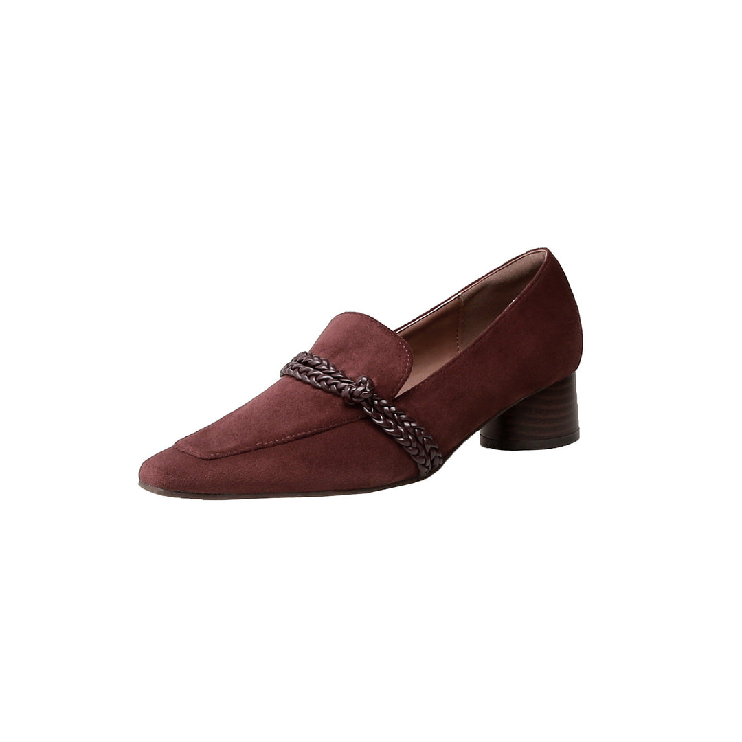 Women Suede Loafers with Braided Strap Detail and Low Block Heel Mune Fashion