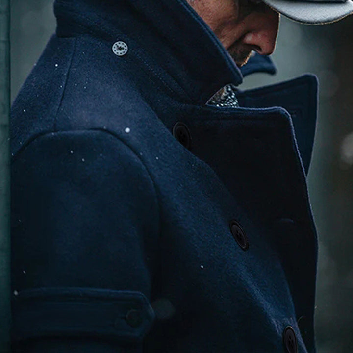 Men's Double-Breasted Wool Coat in Peacoat Style with High Collar Mune Fashion