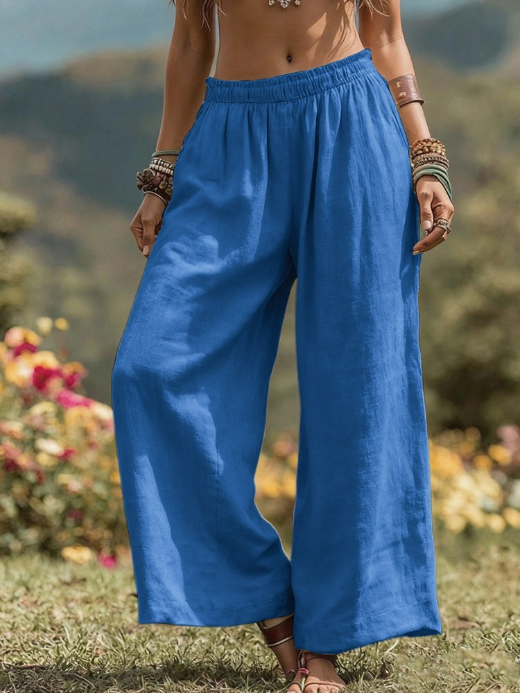 Women's Wide Linen Look Palazzo Pants with Elastic Waistband and Pockets Mune Fashion