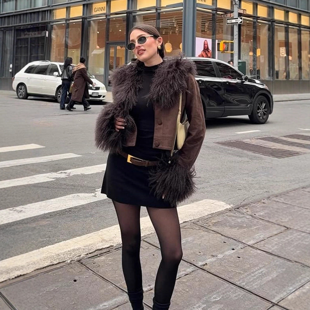 Women's Short Suede Jacket with Voluminous Tibetan Shearling Collar and Fur Cuffs Mune Fashion