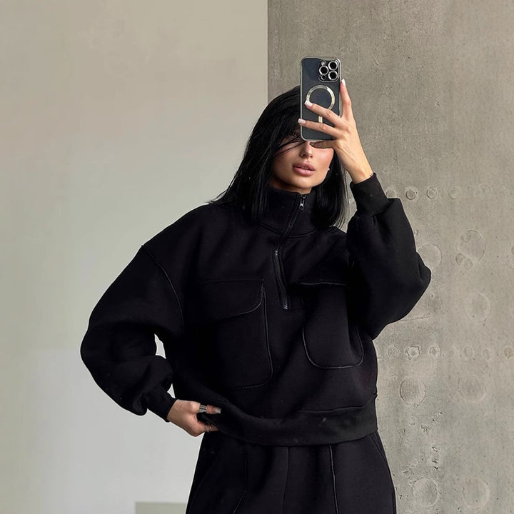 Women's Oversize Half-zip Sweatshirt with Patch Pockets and Contrast Piping Mune Fashion