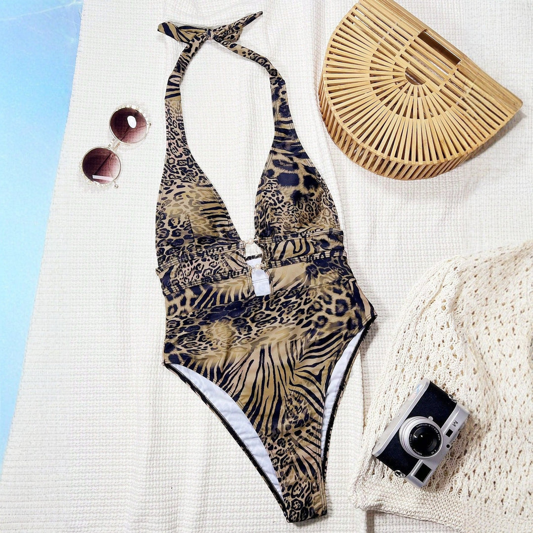 Ladies Premium One-Piece Swimsuit with Deep V-Neck and Elegant Jewelry Details Mune Fashion
