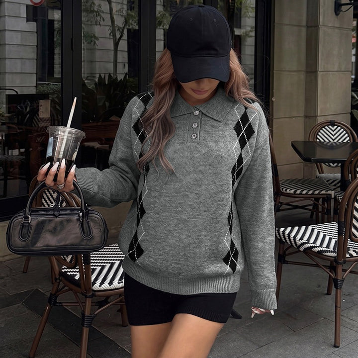 Women's Casual Argyle Polo Knit Sweater with Polo Collar and Button Placket Mune Fashion