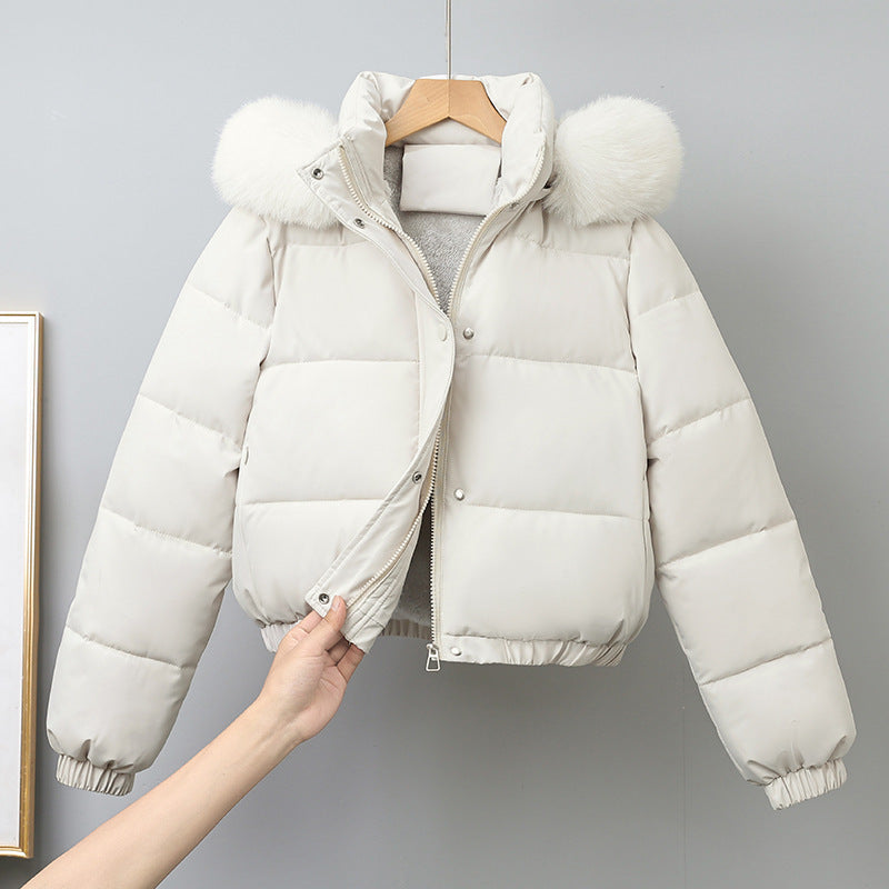 Women's short cut thermo bomber jacket with voluminous hood trim and elastic hem Mune Fashion