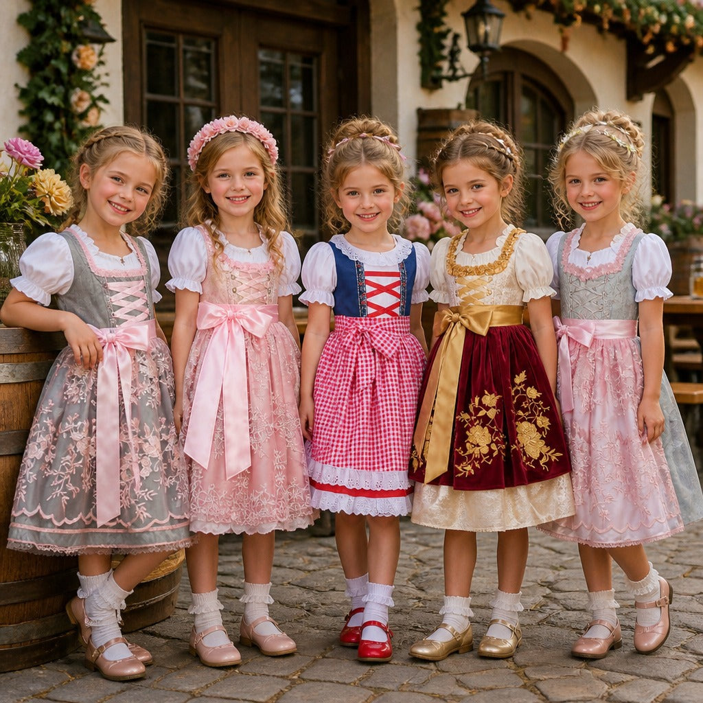 Ladies' traditional children's dirndl with embroidered apron and ruffled blouse Mune Fashion