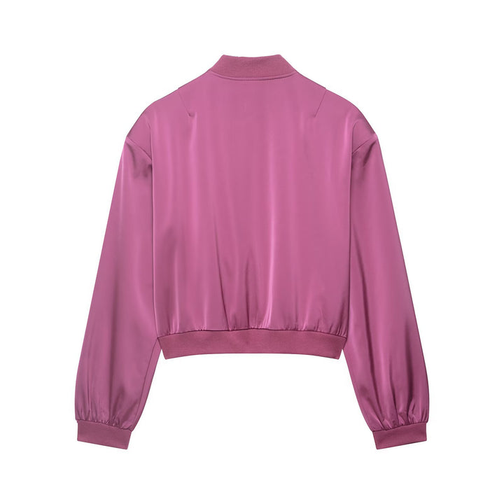 Women's Short Cut Satin Bomber Jacket with Ribbed Cuffs and Snap Button Pockets Mune Fashion