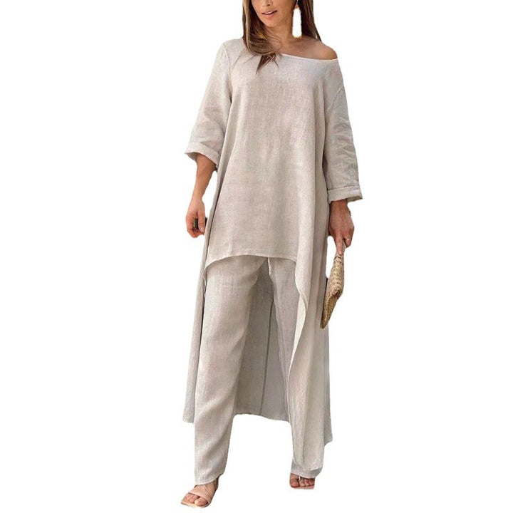 Women Lightweight Linen Two-Piece with Asymmetrical High-Low Tunic and Wide Palazzo Pants Mune Fashion