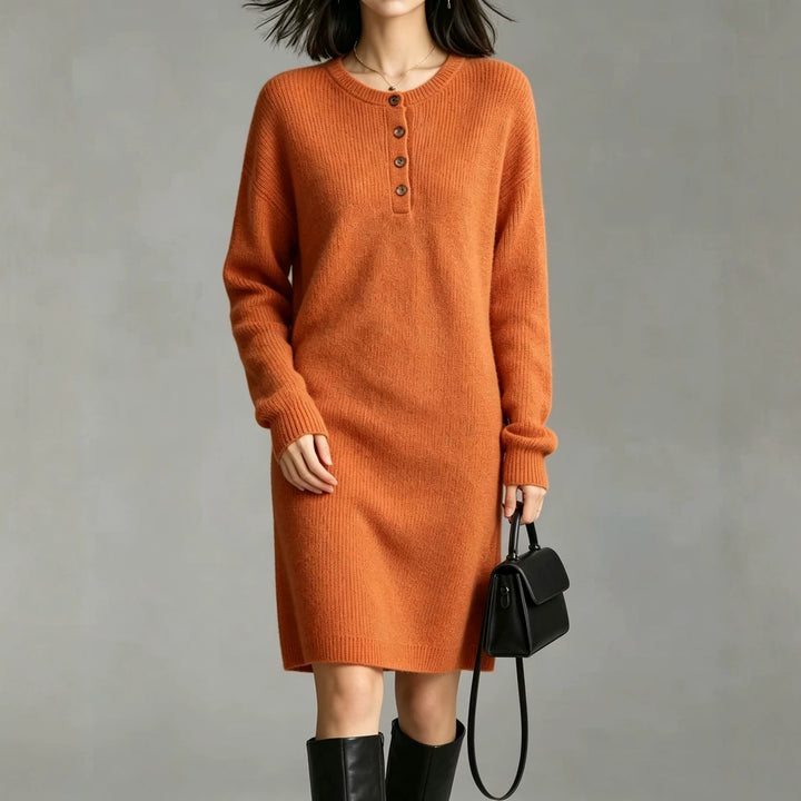 Women Mid-length Knit Dress with Henley Placket and Ribbed Cuffs Mune Fashion