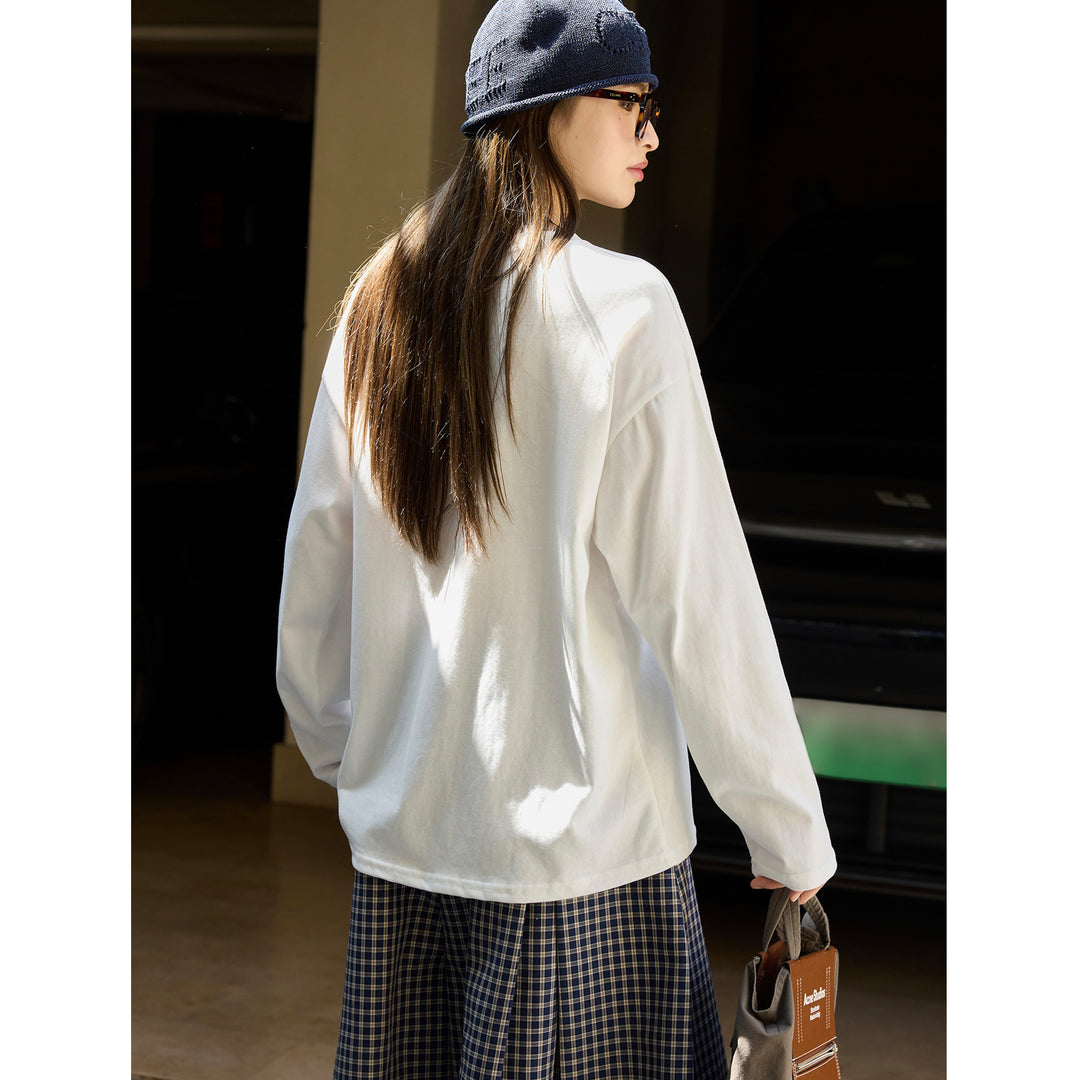 Ladies Loose Cotton Long Sleeve with Dropped Shoulder and Round Neck Mune Fashion
