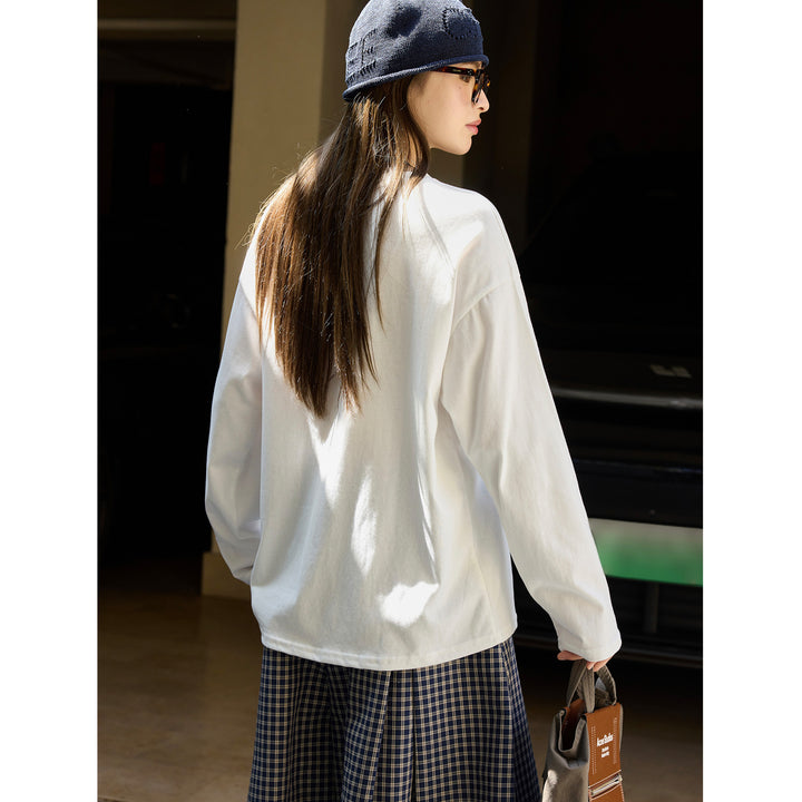Ladies Loose Cotton Long Sleeve with Dropped Shoulder and Round Neck Mune Fashion