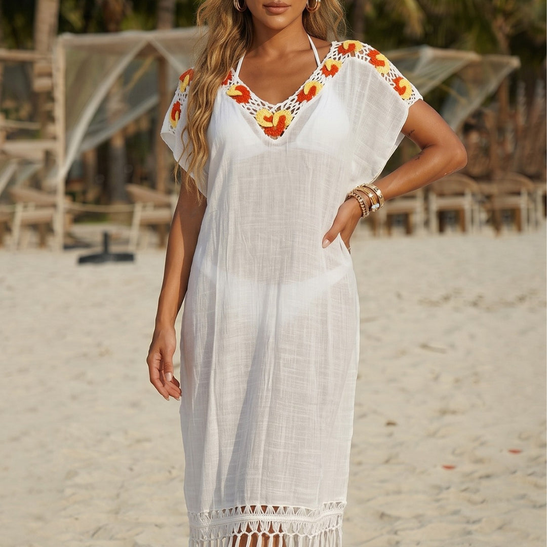 Women's airy crochet beach cover-up with fringed embellishments Mune Fashion