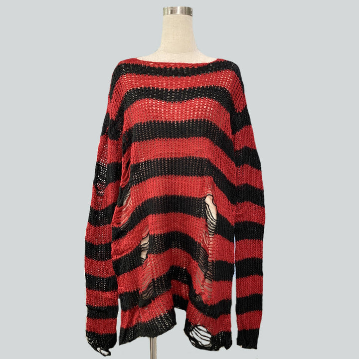 Women's oversized chunky knit sweater with wide block stripes and distressed design Mune Fashion