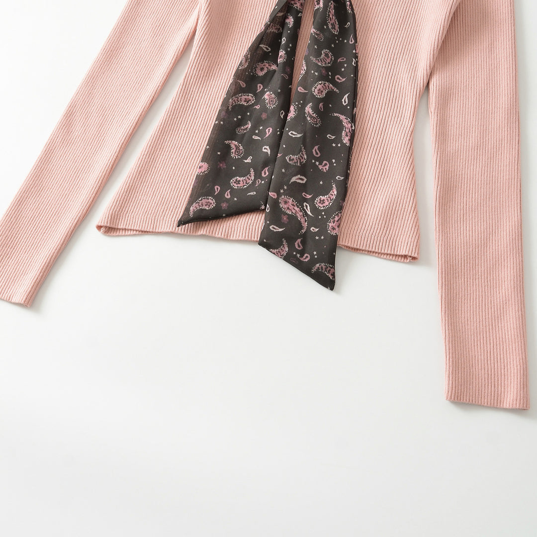 Women's fine knit pullover with threaded paisley scarf Mune Fashion